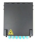 Front view of Wall Mount Fiber Enclosure with Spool and Loaded 6 Port LC UPC OM3 Multimode Duplex LGX Panel Black Pro Grade