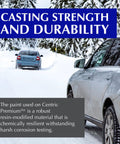 Centric Premium brake rotor banner on snowy road; blue header reads Casting Strength and Durability with two cars.