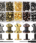75 Pack Round Head Button Studs And Chicago Screws With Sleek Zinc Alloy Heads For Heavy Duty Leather Crafting, assorted sizes and tones in storage container.