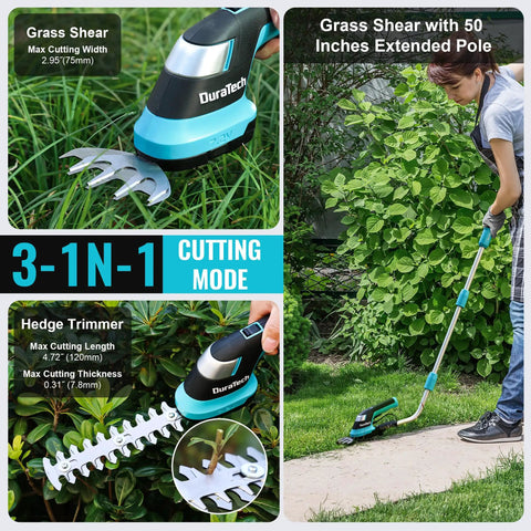 Woman using Cordless Do-It-All 3-In-1 Hedge Trimmer, Grass Shear, and Shrub Trimmer with 50-Inch Extendable Pole in garden.