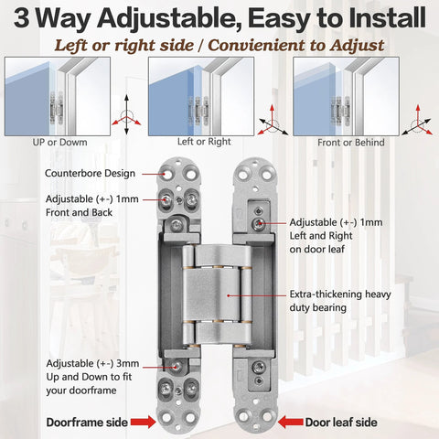 Hidden Door Hinges 7 Inch Stainless Steel Concealed Hinges For Doors With 180 Degree Swing And 3 Way Adjustable Heavy Duty Load