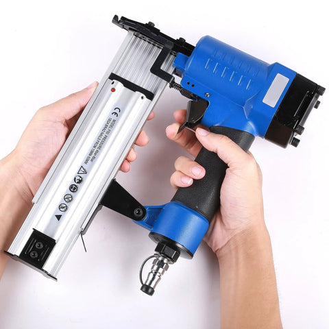 Two In One Air Brad Nailer Gun 14 Gauge Pneumatic Woodworking Finisher held in hand with aluminum body and soft grip handle.