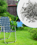 Heavy Duty Lawn Chair Webbing Clips Set, 100 Piece Galvanized Steel Clips For Chair Frame Repair And Sofa Webbing Replacement shown with a lawn chair
