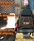 Heavy Duty Tool Backpack With Waterproof Base And Big Capacity Tool Bag Organizer shown with water-resistant features.