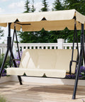 Outdoor Porch Swing With Adjustable Canopy, 3 Seat Patio Swing On A Sturdy Stand For Adults in garden setting