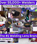 Collage of Auto Darkening Welding Lens One Point Zero Shade Five To Thirteen Silver Front With Light Blue Weld View in use