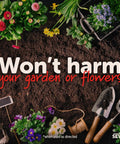 Gardening tools on soil with flowers text overlay, 'Won’t harm your garden or flowers.' Ready To Use Insect Killer One Gallon For Gardens And Vegetables, Kills Seven Hundred Plus Pests On Contact, Protects Roses And Edibles, Will Not Harm Plants Or Blooms, Easy Shake And Spray, Targets Ants, Japanese Beetles, Whiteflies, Aphids.
