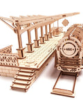 Locomotive And Railway Platform Mechanical 3D Puzzle Bundle For Teens And Puzzle Nerds Eco Friendly DIY Brainteaser Toy Set With Rubber Band Powered Drive, wooden train station and engine
