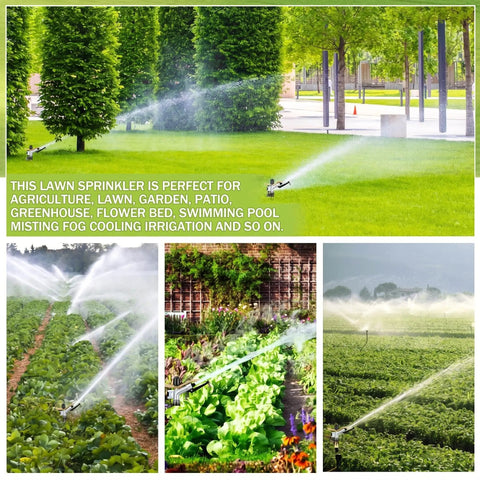 Collage showing 360 Degree Adjustable Impact Sprinkler With Nozzle Set For Large Area Irrigation in gardens and farms