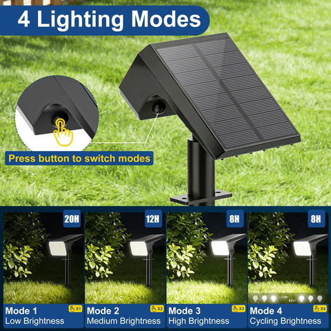 12 Pack Crisp Solar Spot Lights Outdoor Rock Solid Ip65 Waterproof Featuring 90 Led Chips with four modes on display in grass.