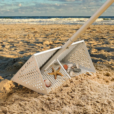 16 Inch Aluminum Sand Flea Rake With Sifter Basket And Scoop For Beach Fishing Bait on sandy beach with shells and starfish