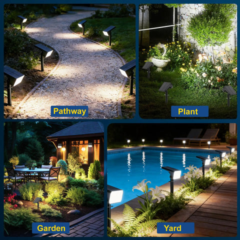 12 Pack Crisp Solar Spot Lights Outdoor Rock Solid Ip65 Waterproof Featuring 90 Led Chips And Four Adaptive Modes illuminating a pathway, garden, and yard.