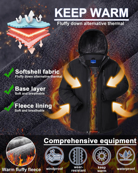 Waterproof Winter Jacket For Men With Hood Fleece Lined Dope Warmth Cozy All Day Comfort Snow Ski Parka with thermal features