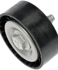 Idler pulley for accessory drive belt, front view, black plastic wheel with silver hub and bolt