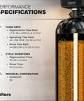 Image showing performance specifications for Resin Media Replacement For Water Softeners 0.25 CuFt No Brainer Universal Compatibility Ion Exchange Cation Resin 8000 Grain Capacity Certified MED CAT 025 Durable High Performance Media For Home Commercial RV And Portable Systems.