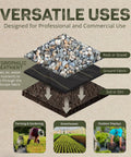 Infographic showing layers of rock, fabric, and soil promoting "Weed Barrier Fabric Three Point Two Ounce Heavy Duty Ground Cover" use cases
