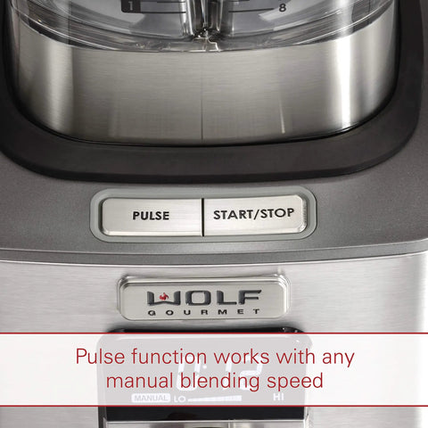 Close-up of Wolf Gourmet blender controls, featuring pulse and start/stop buttons on stainless steel base; 32 Oz Blender Jar For Wolf Gourmet High Performance Blenders WGBL100S WGBL110S WGBL120S WGBL200S WGBL134S Compact Size For Dressings Dips Sauces And Smoothies Includes Emulsion Cup And Filler Cap.