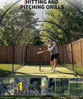 Backyard Baseball Batting Cage 32 By 12 By 8 Feet Portable Netting with Frame, man practicing hitting inside, visible support features.