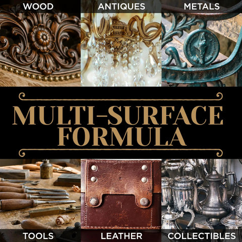 Top Shelf Microcrystalline Wax Polish Kit With Gotto Formula For Wood Leather Metal Stone Furniture And Varnish Including Handy Applicator And Cotton Buffing Rag multi-surface examples with wood, antiques, metals, tools, leather, and collectibles.