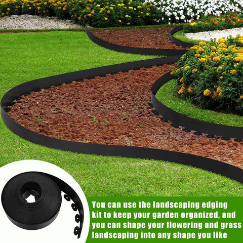 Garden with 4 Inch By 100 Foot Landscape Edging Kit Plastic Garden Border Coil With 90 Anchoring Spikes visible in curved installation