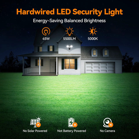 Rock Solid Dual Head LED Flood Light With Auto PIR Motion Sensor, 45W 5500 Lumens 5000K Daylight White on a house at night.