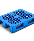 Blue Plastic Pallet 32 Inch By 24 Inch By 6 Inch Breathable Grid Lightweight Beefy Poly For Wet Basements Garages And Outdoor Use Static Load 4 Tons Dynamic Load 1 Ton Ideal For Warehouse Retail And Supermarket Storage shown in front view