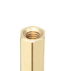 Close-up of Brass Hex Standoff Spacer For PCB Mounting With Female M3 Thread 5mm Hex Head And 45mm Length, gold tone, top view