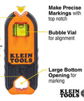 Compact Magnetic Stud Finder And Level With Bubble Vial For Wood And Metal Detection Rare Earth Magnet For Fast Metal Studs And Fasteners Felt Pad Backing Protects Drywall Precise Markings Easy Portable Tool featuring bubble vial and precise markings, Klein Tools brand, front view.