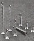 250pcs #8 x 1-1/4 Inch Flat Head Self Tapping Sheet Metal Screws Stainless Steel High Strength Quick Self Drilling Screws displayed