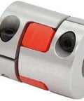 NBK Japan MJC-20-RD 7mm to 3/8" Jaw-type Flexible Coupling, side view, showing metal construction and fastening screws.