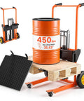 Hydraulic Material Lift Winch Stacker With 450 Lb Capacity And 35.4 Inch Lift Height, foldable orange and black design with pallet and drum