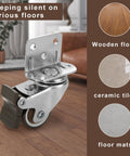 Eight Pcs L-Shaped 1 Inch Caster Wheels With 360 Degree Swivel And Brake displayed on wood floor