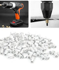 M10 100 Pcs Aluminum Flat Head Pull Riveting Nuts Set with fasteners and tool for auto DIY projects and industrial machinery installations.