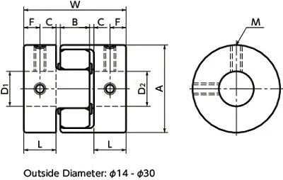 Technical diagram of NBK Japan MJC-14-RD 4.5mm to 6.35mm Jaw-type Flexible Coupling with measurements and specifications.