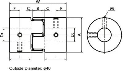 Technical drawing of NBK Japan MJS-40CS-EBL 9.525mm to 9.525mm Jaw-type Flexible Coupling with dimensions.