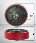 Pallet jack full wheel set assembled, includes 7 x 2 inch steer wheels, black polyurethane tread, 20mm ID bearings, side view