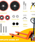All In One Pallet Jack Wheels Kit For Most Hand Pallet Jacks, Includes 7x2 Steering Wheels, 3x3.75 Load Wheels, Red Polyurethane Set