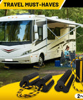 Heavy Duty Rubber Wheel Chocks With 30 Inch Nylon Rope And Reflective Yellow Tape For Secure Parking Road Trip Ready 4 Pack in use with RV