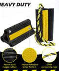 Heavy Duty Rubber Wheel Chocks For Travel Trailers Campers RVs And Cars With Nylon Rope And Yellow Reflective Tape Size Four Point Two Inches By Four Point Seven Inches By Eight Point Two Inches Nine Lbs Total Weight Two Pairs Four Pack Sturdy Tire