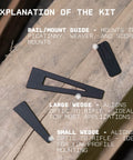Scope Leveling Tool Kit With Base And Two Wedges For Precise Vertical Alignment While Mounting A Rifle Scope This Leveling System Helps You Get A Rock Solid Sight Picture And Quick Adjustments On Any Receiver By Monstrum, shown with rail and wedge components on wooden surface, detailed use text displayed.