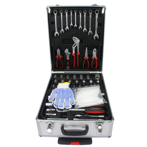 Open Roll Bar Rolling Toolbox Kit With 899-Piece Emergency Car, Water, Electrical And Woodworking Repair Set In Silver