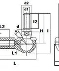 Technical drawing of SQL5RS L-Ball Rod Ends 5mm Bore showing dimensions and specifications.