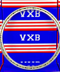 VB050CP0 Thin Section Bearing 5" x 5-5/8" x 5/16" inch displayed against blue and red boxes, showcasing open design and precision.