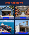 Collage showing garage, warehouse, cargo berth, and construction site with electric hoist, illustrating uses for 2 Wheel Silent Trolley Assembly Rollers with Deep Groove Bearings Galvanized Steel Build Designed for 1-5/8 Inch Wide and Taller Strut Channels Smooth Quiet Performance for Hoists Racks Warehouses Garages and DIY Track Systems Pack of 4.