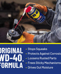 Person using WD-40 multi-use lubricant spray on mechanical part
